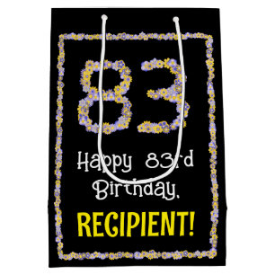 83rd Birthday: Floral Flowers Number, Custom Name Medium Gift Bag