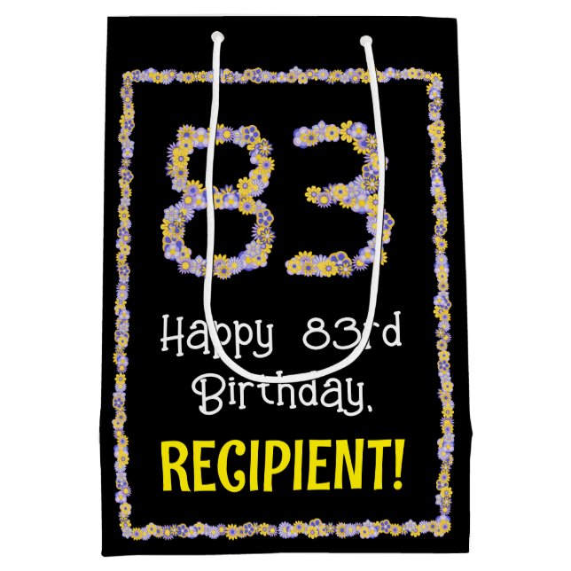 83rd Birthday: Floral Flowers Number, Custom Name Medium Gift Bag (Back)