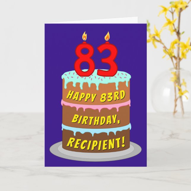 83rd Birthday: Fun Cake and Candles + Custom Name Card (Yellow Flower)