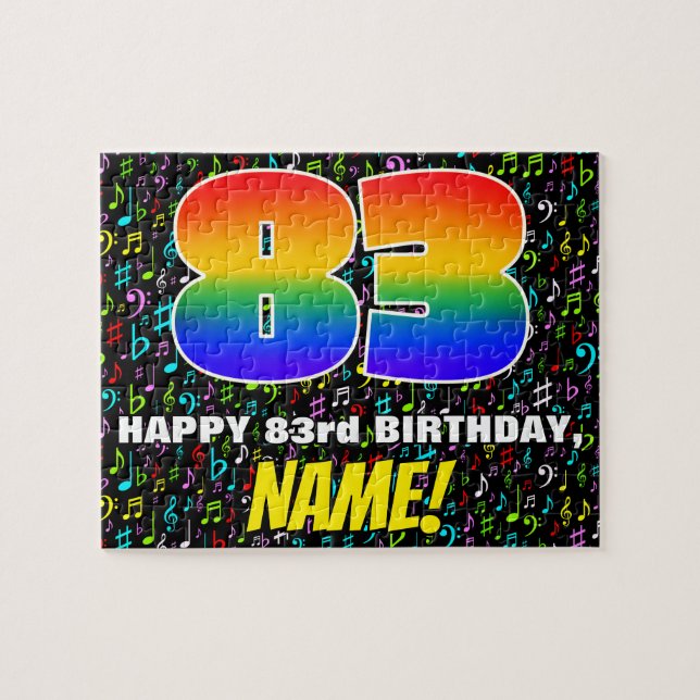 83rd Birthday — Fun, Colourful Music Symbols & “83 Jigsaw Puzzle (Horizontal)