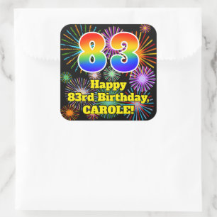83rd Birthday: Fun Fireworks Look, Rainbow # 83 Square Sticker