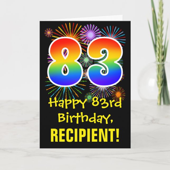 83rd Birthday: Fun Fireworks Pattern + Rainbow 83 Card (Front)