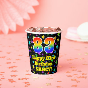 83rd Birthday: Fun Stars Pattern and Rainbow 83 Paper Cups