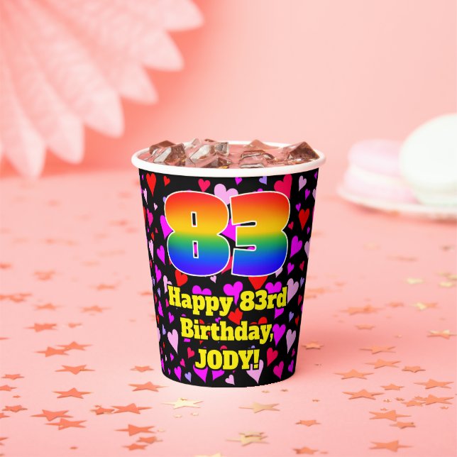 83rd Birthday: Loving Hearts Pattern, Rainbow 83 Paper Cups (Insitu)