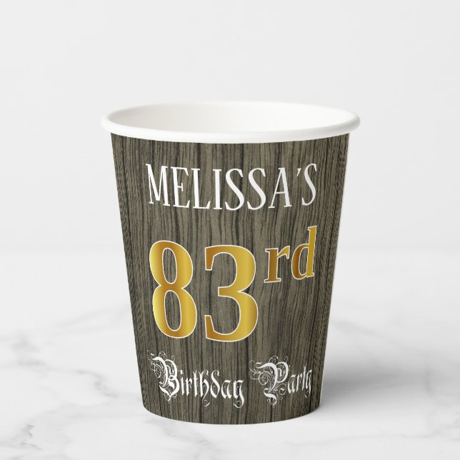 83rd Birthday Party — Faux Gold & Faux Wood Looks Paper Cups (Back)