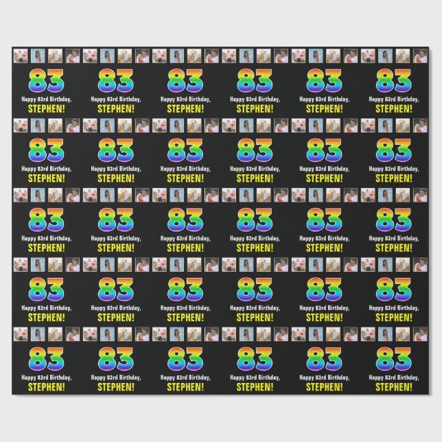 83rd Birthday: Rainbow “83“; Custom Photos & Name Wrapping Paper (Flat)