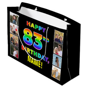 83rd Birthday: Rainbow Text, Custom Photos & Name Large Gift Bag