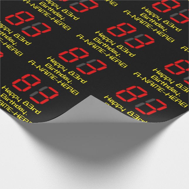 83rd Birthday: Red Digital Clock Style "83" + Name Wrapping Paper (Corner)