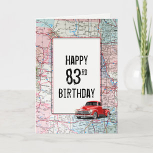 83rd Birthday Red Retro Truck on Map Card