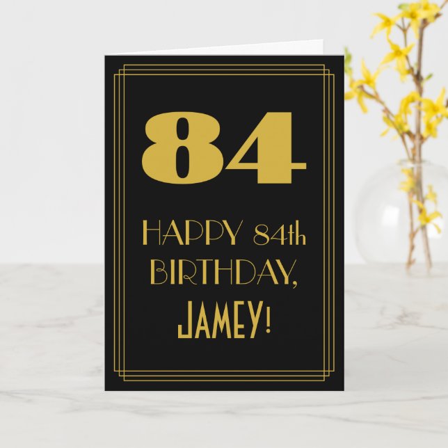 84th Birthday ~ Art Deco Inspired Look "84" & Name Card (Yellow Flower)