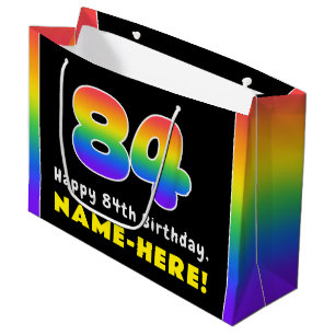 84th Birthday: Colorful Rainbow # 84, Custom Name Large Gift Bag