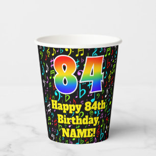 84th Birthday: Fun Music Notes Pattern, Rainbow 84 Paper Cups
