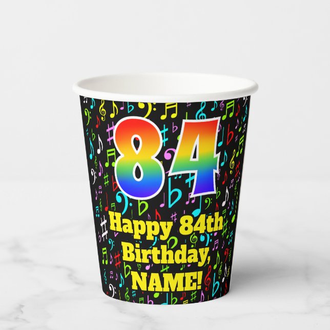 84th Birthday: Fun Music Notes Pattern, Rainbow 84 Paper Cups (Back)
