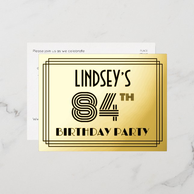 84th Birthday Party ~ Art Deco Style “84” + Name Foil Invitation Postcard (Front/Back)