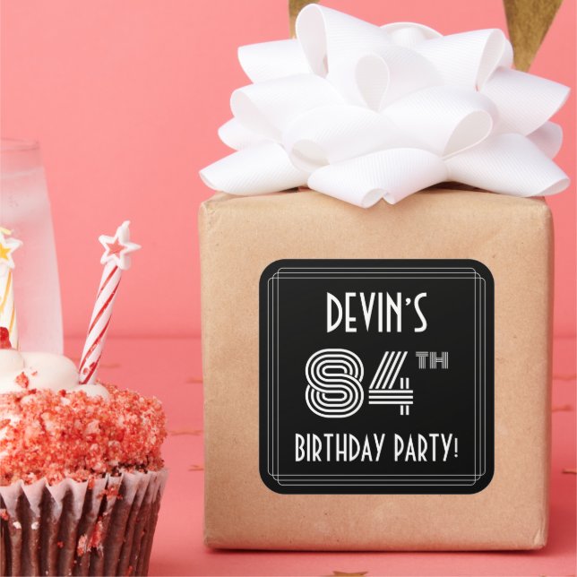 84th Birthday Party: Art Deco Style & Custom Name Square Sticker (Party)
