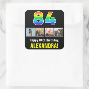 84th Birthday: Rainbow “84”; Custom Photos & Name Square Sticker