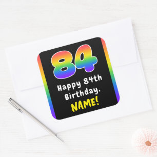 84th Birthday: Rainbow Spectrum # 84, Custom Name Square Sticker