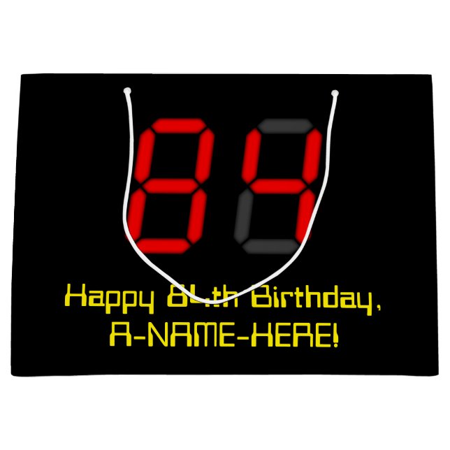 84th Birthday: Red Digital Clock Style "84" + Name Large Gift Bag (Front)