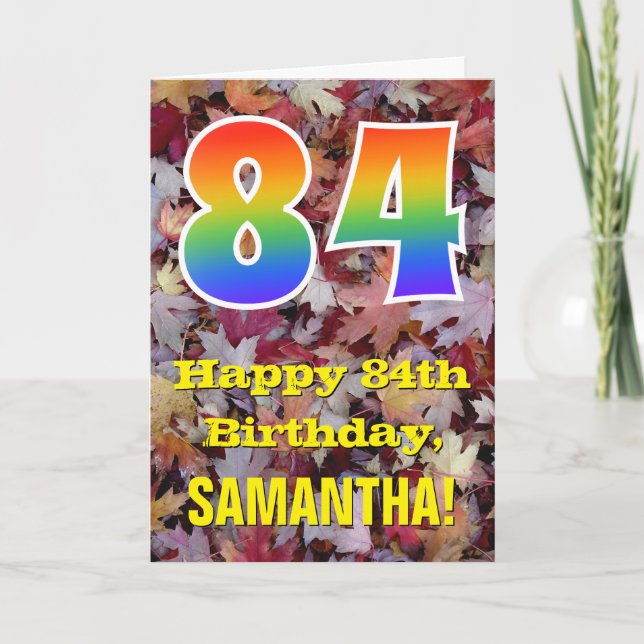 84th Birthday; Rustic Autumn Leaves; Rainbow "84" Card (Front)