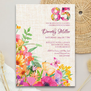 85 Years Flowers Floral Linen 85th Birthday Invitation