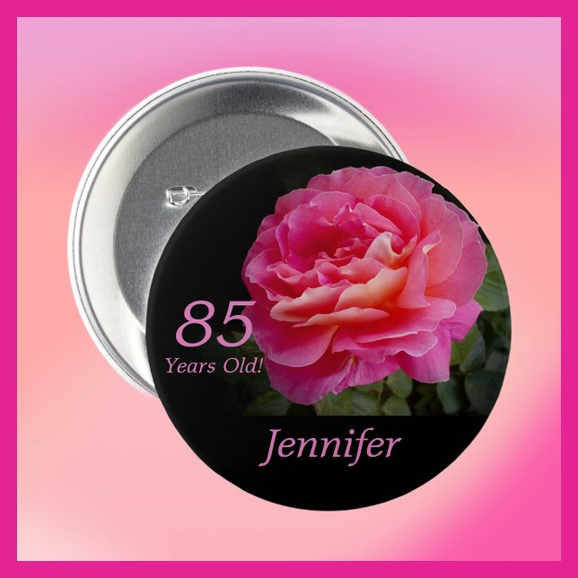 85 Years Old, Pink Rose Button Pin (Creator Uploaded)