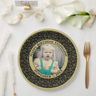 85 Your Photo Random Number Pattern Black/Gold Paper Plate