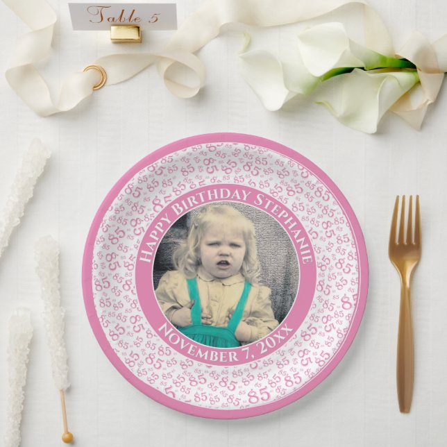 85 Your Photo Random Number Pattern Pink/White Paper Plate (Wedding)