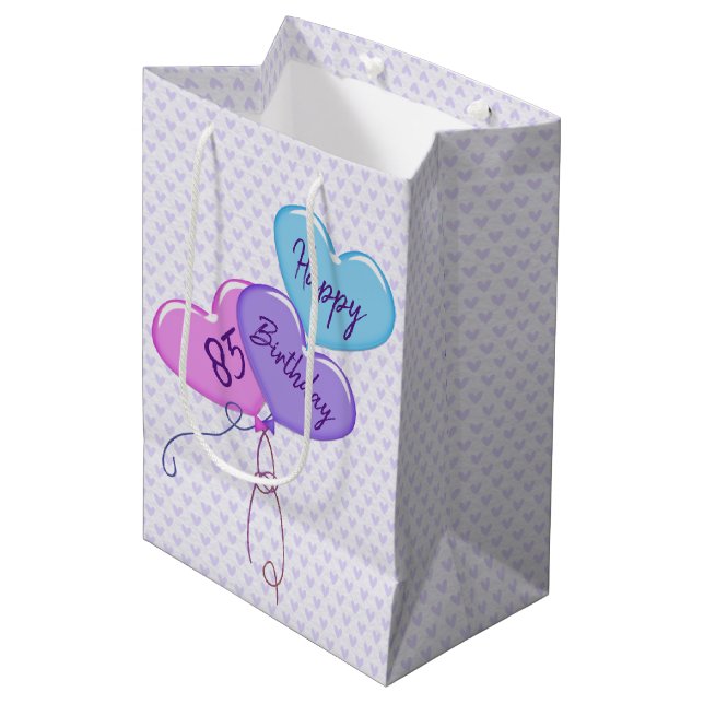 85th Birthday Balloons and Hearts Medium Gift Bag (Front Angled)