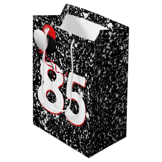 85th Birthday Balloons on Black Glitter Medium Gift Bag (Front Angled)