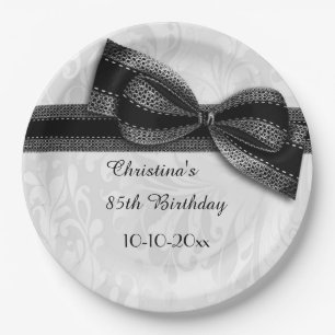 85th Birthday Black Damask and Faux Bow Paper Plate