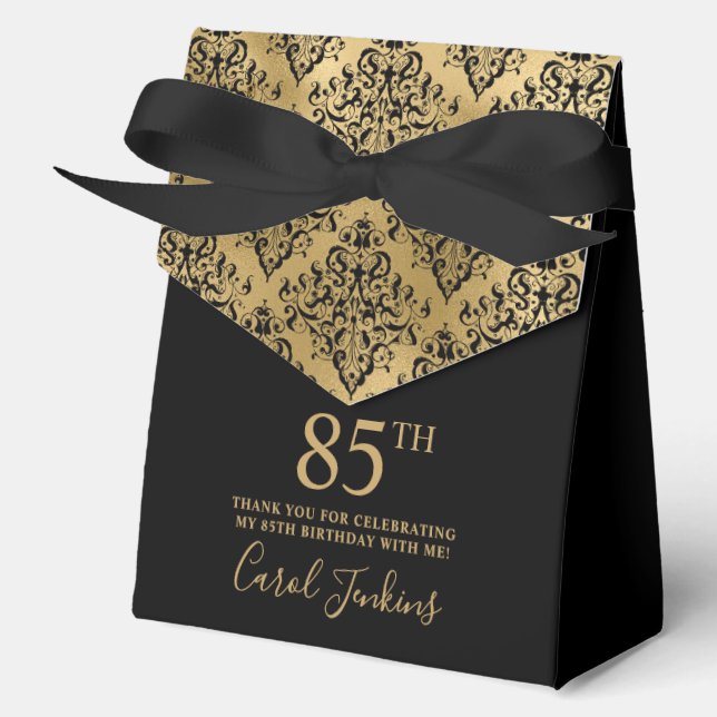85th Birthday Black Gold Damask Thank You  Favour Box (Front)