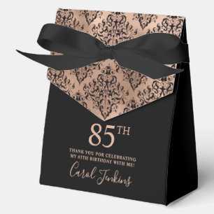 85th Birthday Black Rose Gold Damask Thank You Favour Box