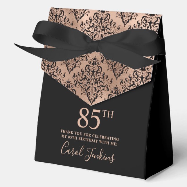 85th Birthday Black Rose Gold Damask Thank You  Favour Box (Front)