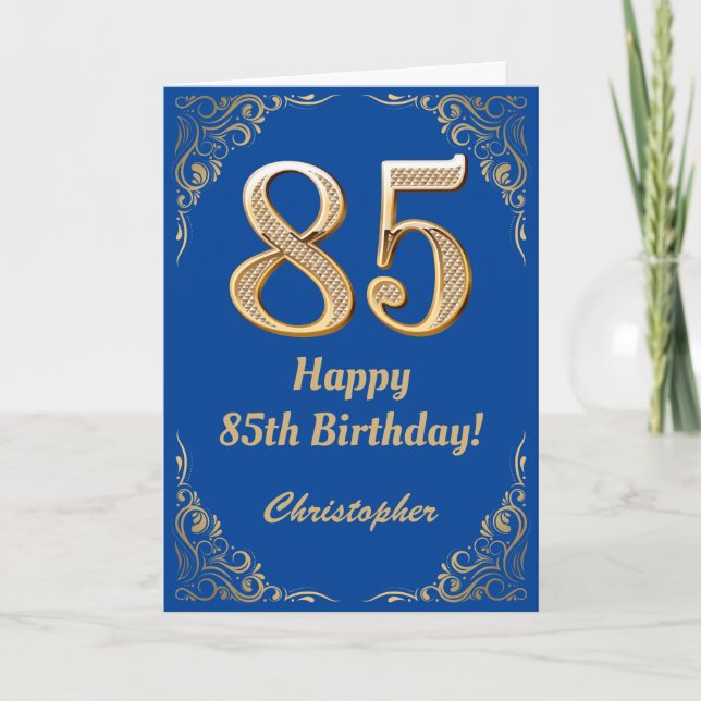 85th Birthday Blue and Gold Glitter Frame Card (Front)