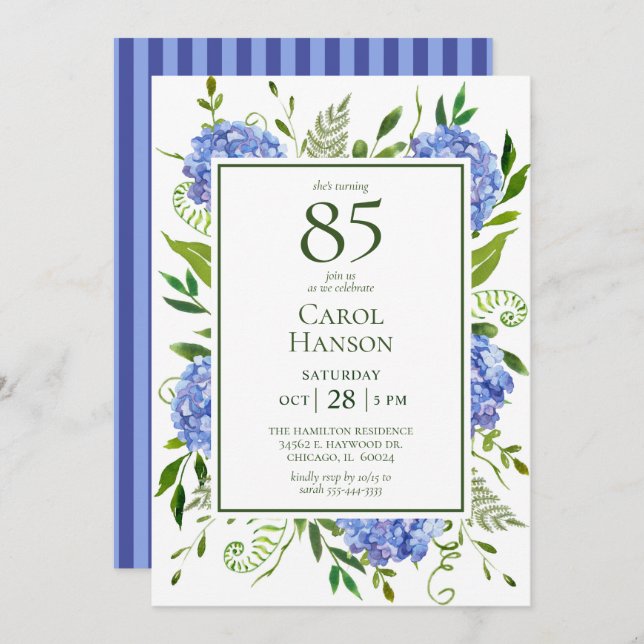 85th Birthday Blue Hydrangeas Invitation (Front/Back)