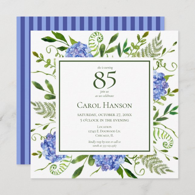 85th Birthday Blue Hydrangeas Invitation (Front/Back)