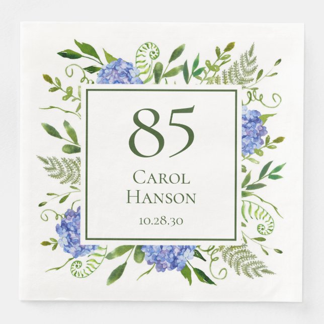 85th Birthday Blue Hydrangeas Napkin (Front)