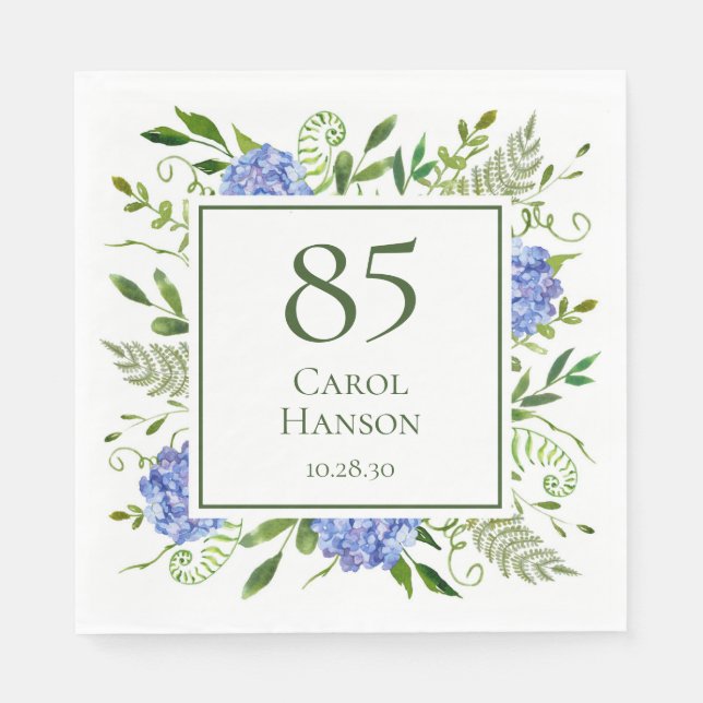 85th Birthday Blue Hydrangeas Napkin (Front)