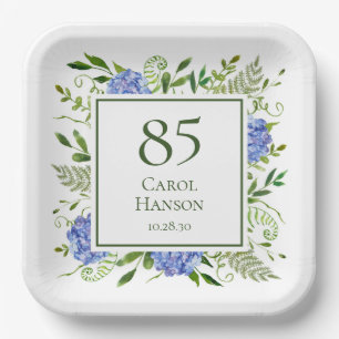 85th Birthday Blue Hydrangeas Paper Plate