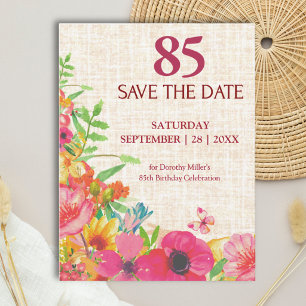 85th Birthday Bold Floral Linen Save the Date Announcement Postcard