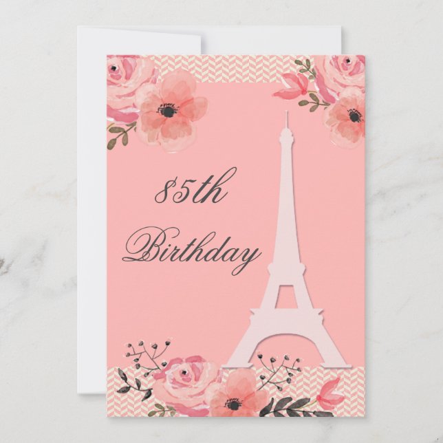 85th Birthday Chic Floral Paris Eiffel Tower Invitation (Front)