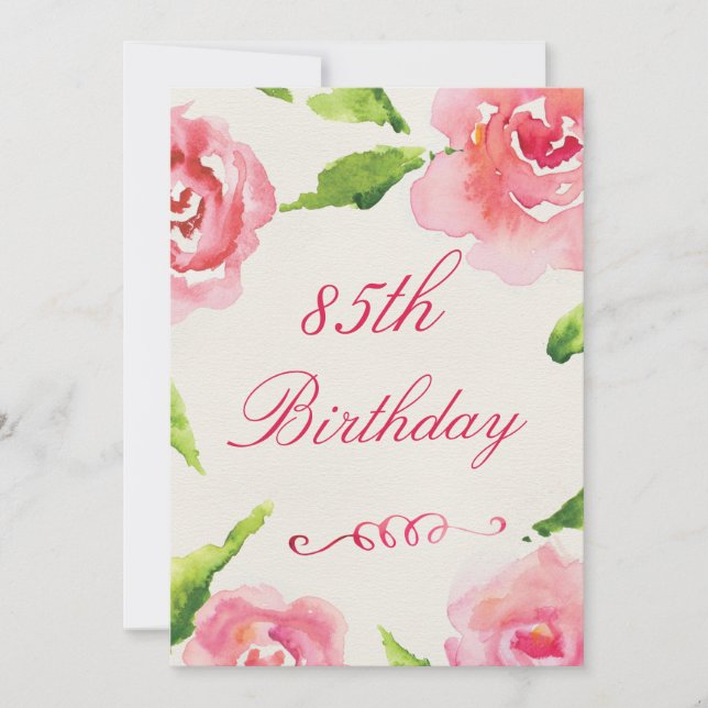 85th Birthday Chic Watercolor Roses Invitation (Front)