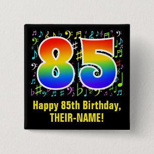 85th Birthday: Colorful Music Symbols, Rainbow 85 15 Cm Square Badge