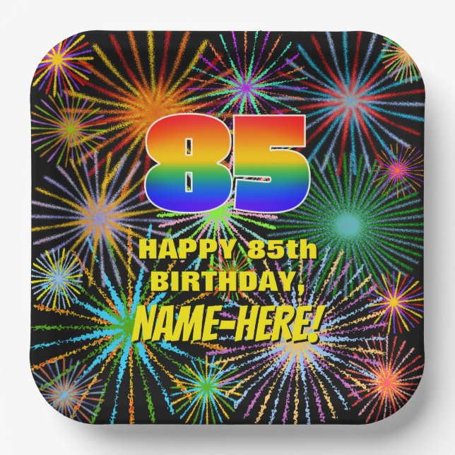 85th Birthday: Colourful, Fun Celebratory Firework Paper Plate (Front)