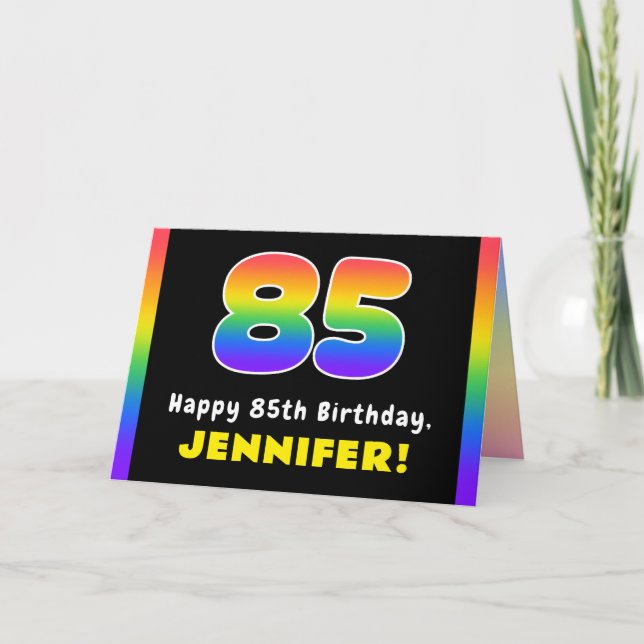 85th Birthday: Colourful Rainbow # 85, Custom Name Card (Front)