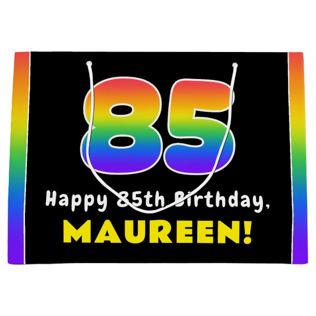 85th Birthday: Colourful Rainbow # 85, Custom Name Large Gift Bag (Front)