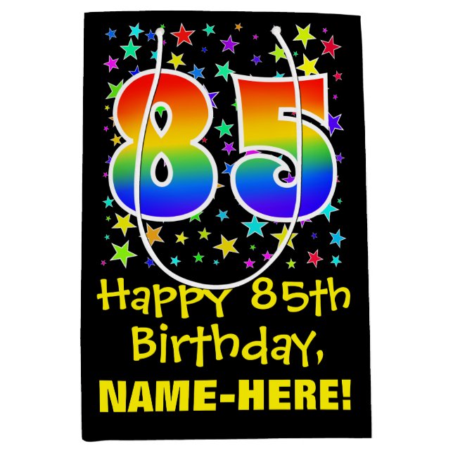 85th Birthday: Colourful Stars Pattern & Rainbow 8 Medium Gift Bag (Front)