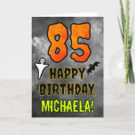 85th Birthday: Eerie Halloween Theme   Custom Name Card<br><div class="desc">The front of this scary and spooky Halloween themed birthday greeting card design features a large number “85”, along with the message “HAPPY BIRTHDAY, ”, and a custom name. There are also depictions of a bat and a ghost on the front. The inside features a customisable birthday greeting message, or...</div>