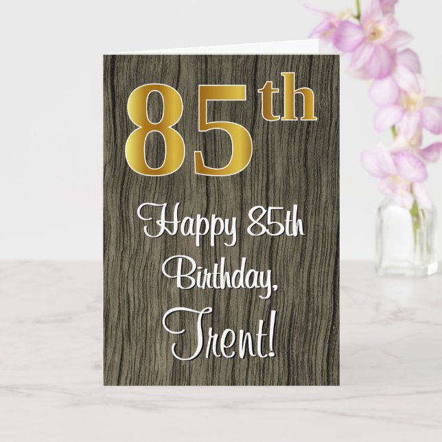 85th Birthday: Elegant Faux Gold Look #, Faux Wood Card (Orchid)