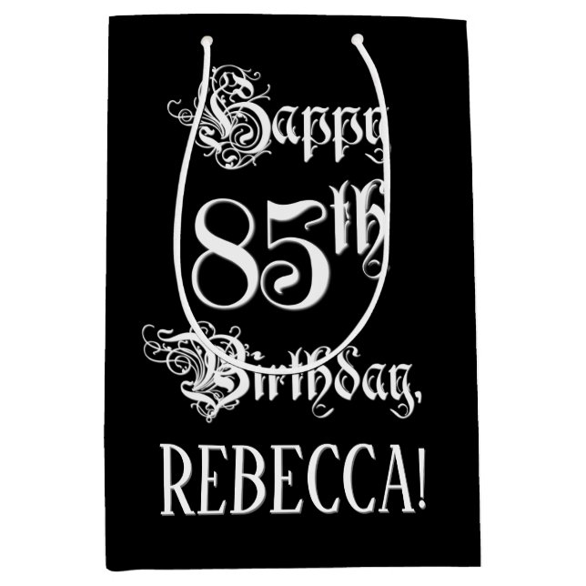 85th Birthday: Fancy, Elegant Script + Custom Name Medium Gift Bag (Front)
